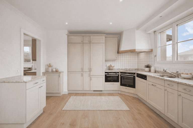 La grande cuisine équipée, à rafraîchir (proposition d'aménagement 3D)