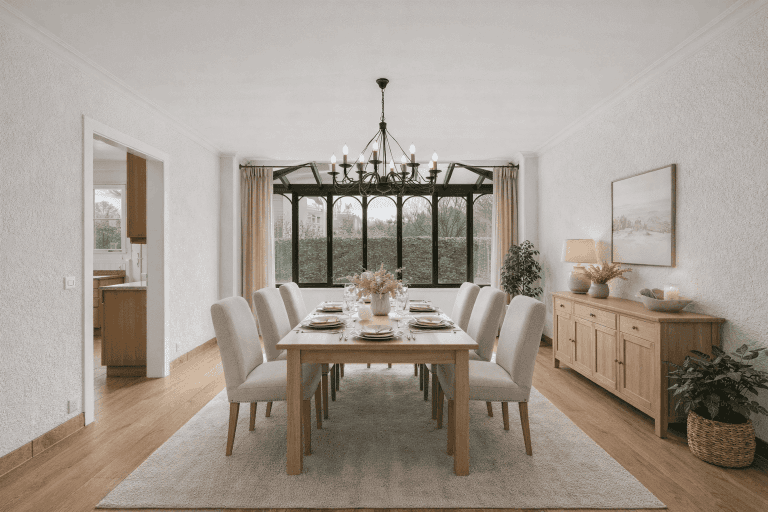 La spacieuse salle à manger avec sa véranda chauffée en enfilade (proposition d'aménagement 3D)