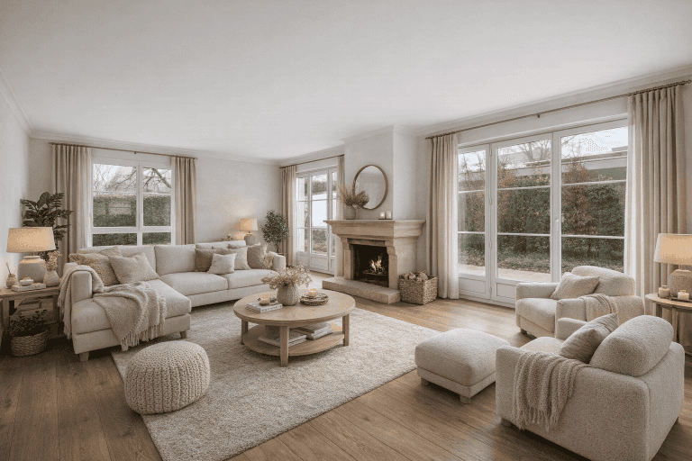 Le vaste salon avec sa belle cheminée (proposition d'aménagement 3D)